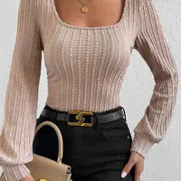 Square Neck Bubble Sleeve Textured Knit Top