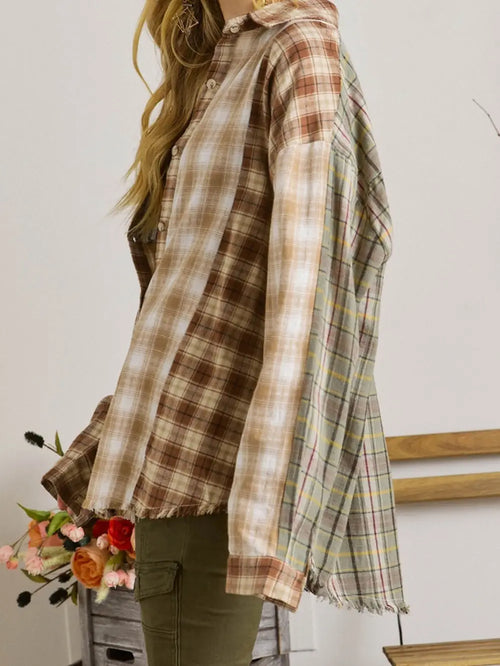 Multi Plaid Patchwork Raw Edge Casual Shirt