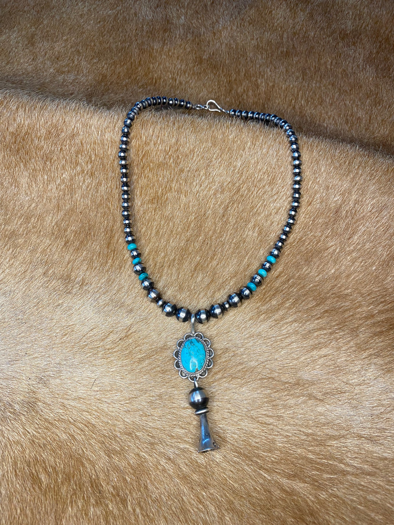 Sterling Silver, Navajo Beads with Turquoise Stones and Squash Pendant Choker